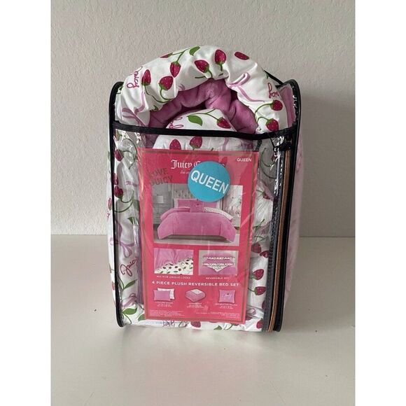 4 Pc Juicy Couture QUEEN Reversible Comforter Set Plush Pink Strawberries & Bows - Picture 9 of 16